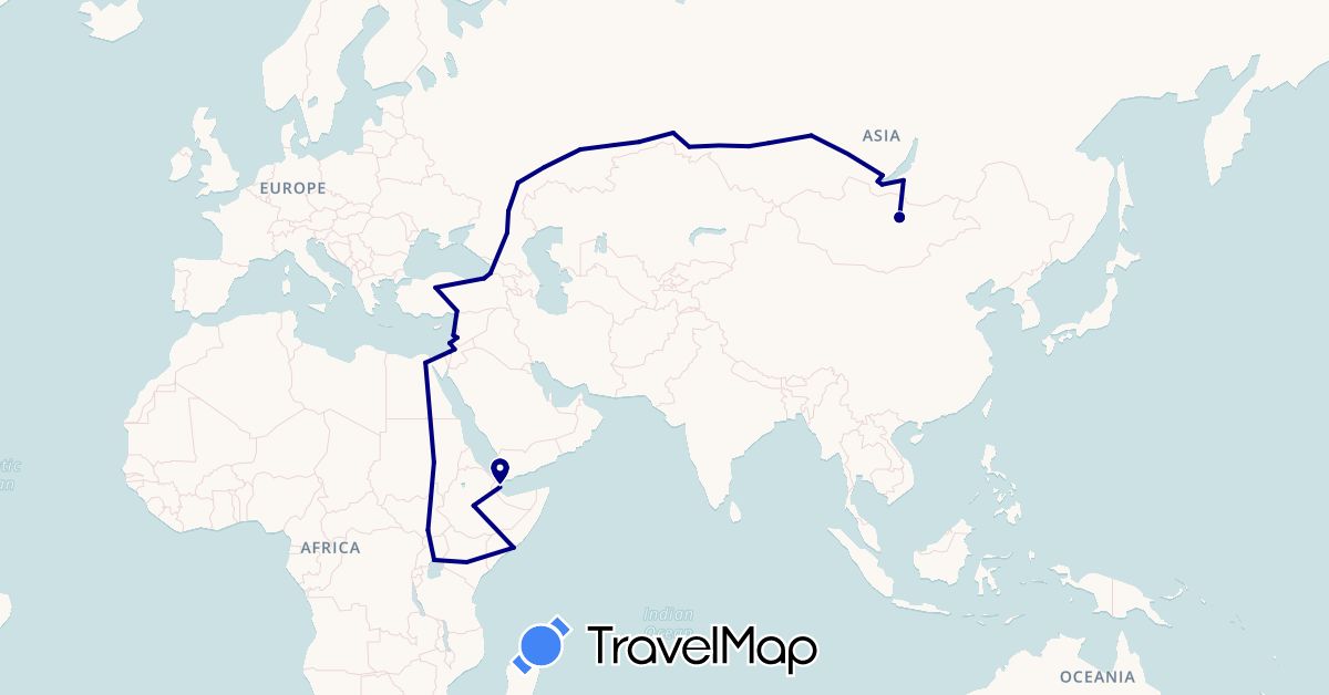 TravelMap itinerary: driving in Egypt, Ethiopia, Georgia, Jordan, Kenya, Lebanon, Mongolia, Russia, Somalia, South Sudan, Syria, Turkey, Uganda (Africa, Asia, Europe)